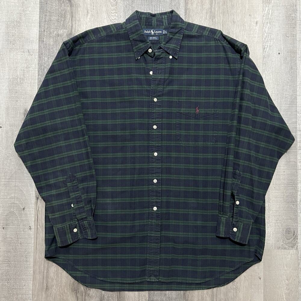 Vintage Ralph Lauren Green Tartan Plaid "Big Shirt" 100% Cotton 90s Mens XL
